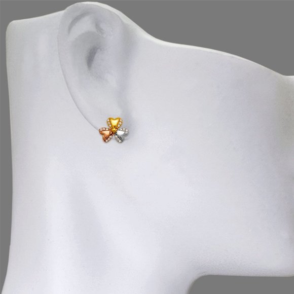 14K REAL GOLD Fancy Flower CZ Stud Earrings - Picture 4 of 4